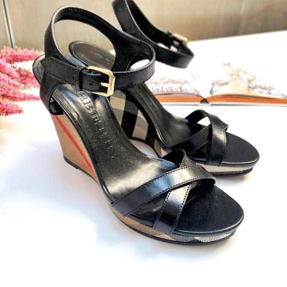 Burberry Rastrickson Leather House Check Wedge Sandals Black  EU 38 - Picture 1 of 9